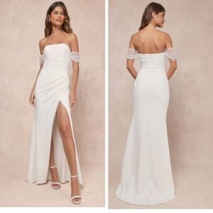 Lulus Profound Glamour Ivory Pearl Off-the-Shoulder Tulip Maxi Dress Size Medium